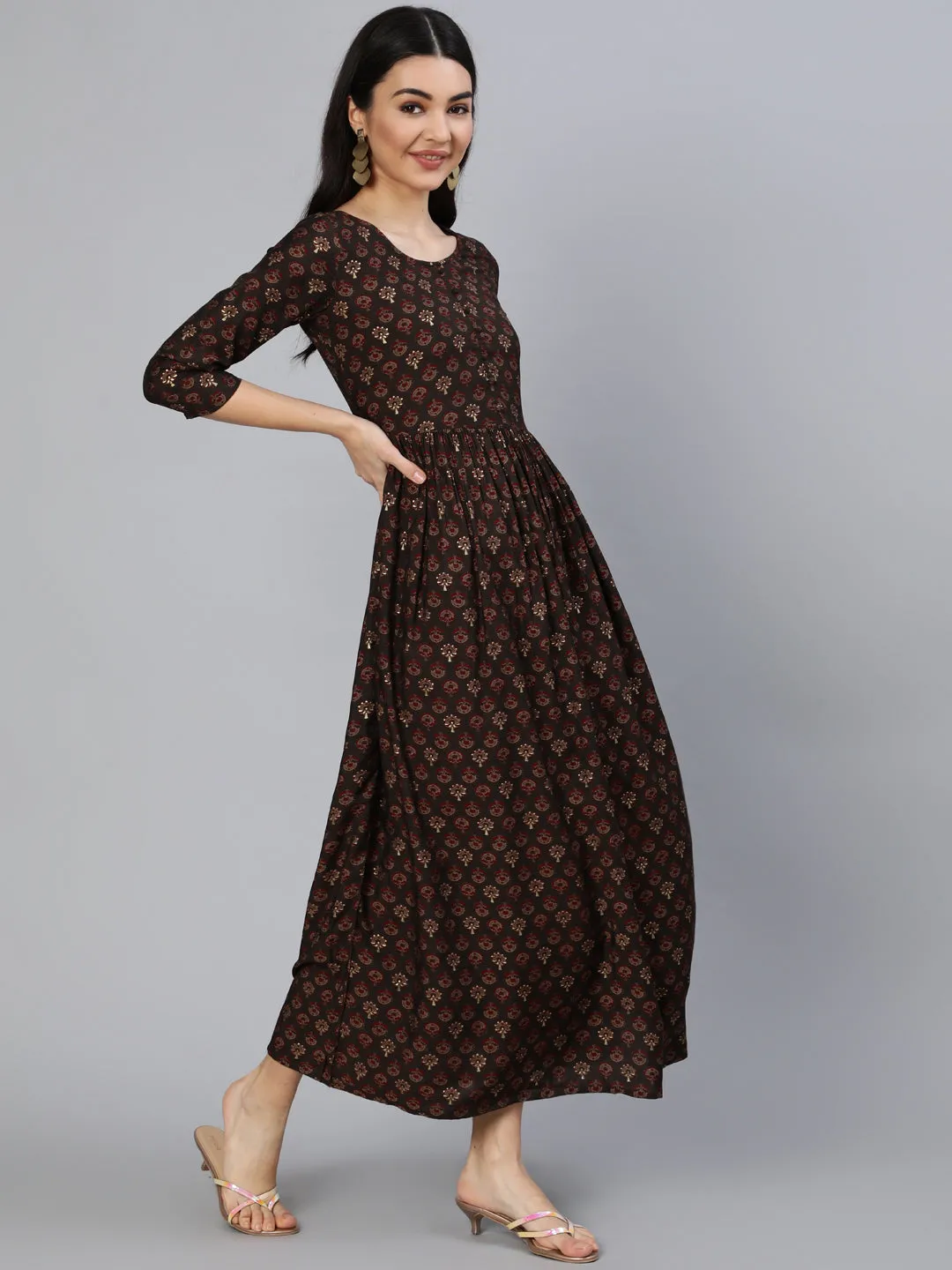 Women Taupe Ethnic Printed Flared Dress