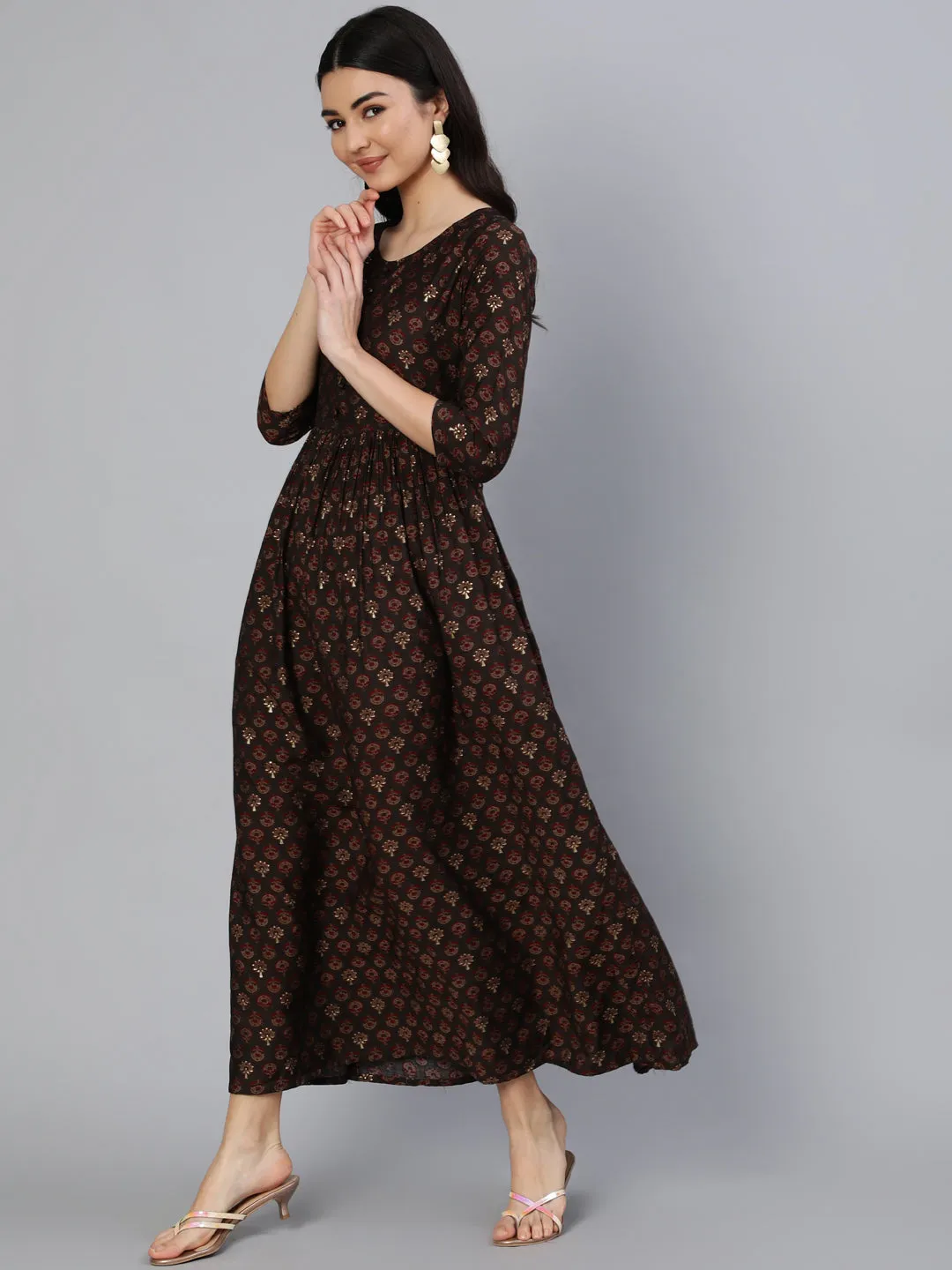 Women Taupe Ethnic Printed Flared Dress