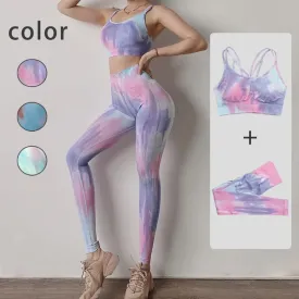 Women Tie And Dye Bra High Waist Leggings Sportswear Set