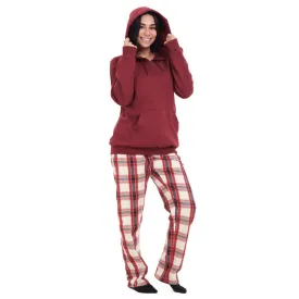 Women Winter Pajama Set Dark Red Hoodie   Dark Red x White Checkered Pants