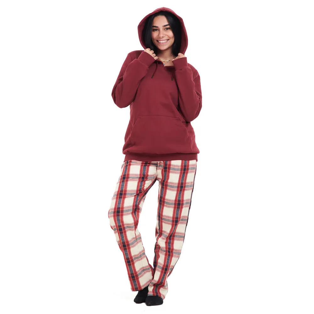 Women Winter Pajama Set Dark Red Hoodie   Dark Red x White Checkered Pants