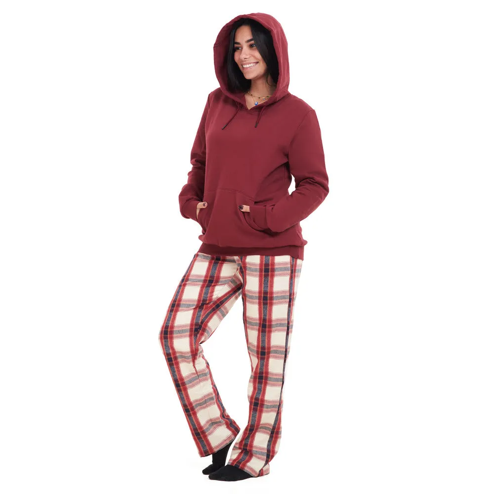 Women Winter Pajama Set Dark Red Hoodie   Dark Red x White Checkered Pants