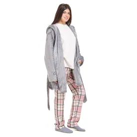 Women Winter Pajama Set  Grey Robe   Pink x Dark Grey Checkered Pants