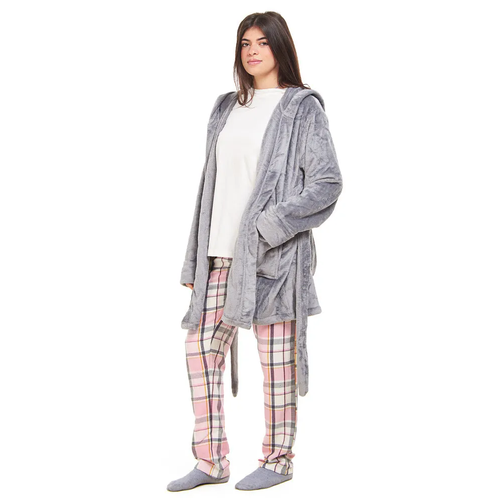 Women Winter Pajama Set  Grey Robe   Pink x Dark Grey Checkered Pants