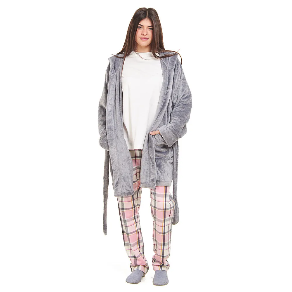 Women Winter Pajama Set  Grey Robe   Pink x Dark Grey Checkered Pants