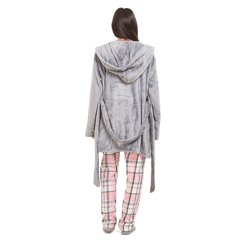 Women Winter Pajama Set  Grey Robe   Pink x Dark Grey Checkered Pants