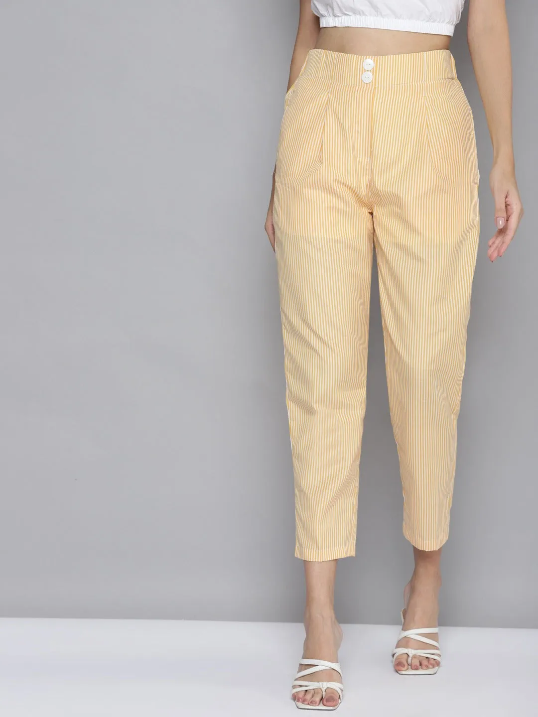 Women Yellow Stripes Tapered Pants