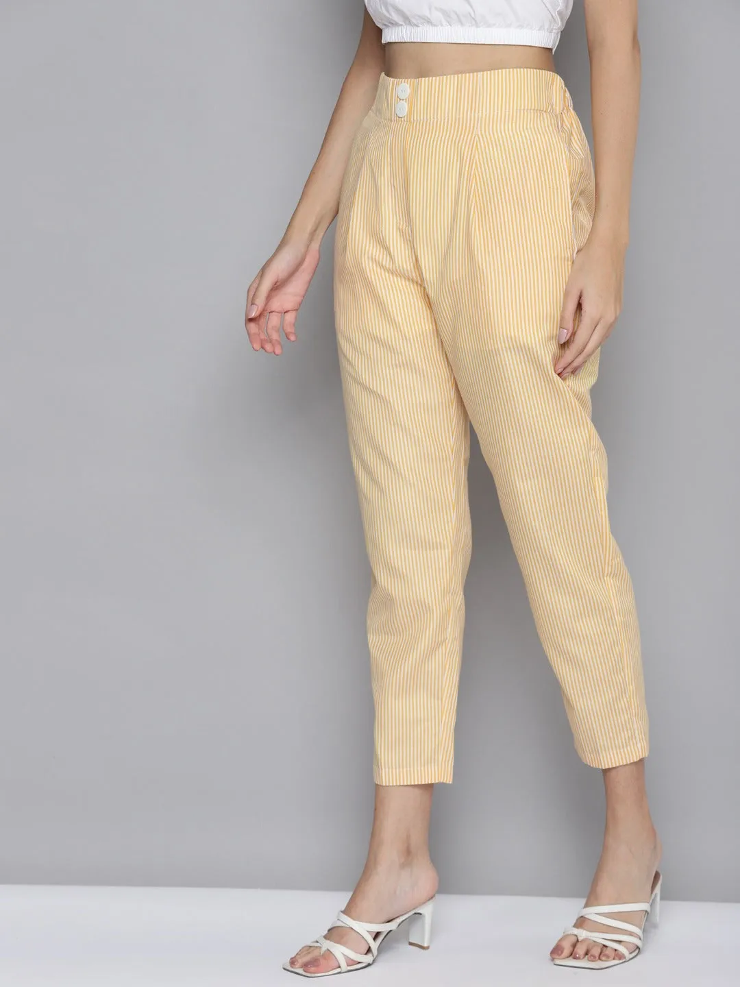 Women Yellow Stripes Tapered Pants