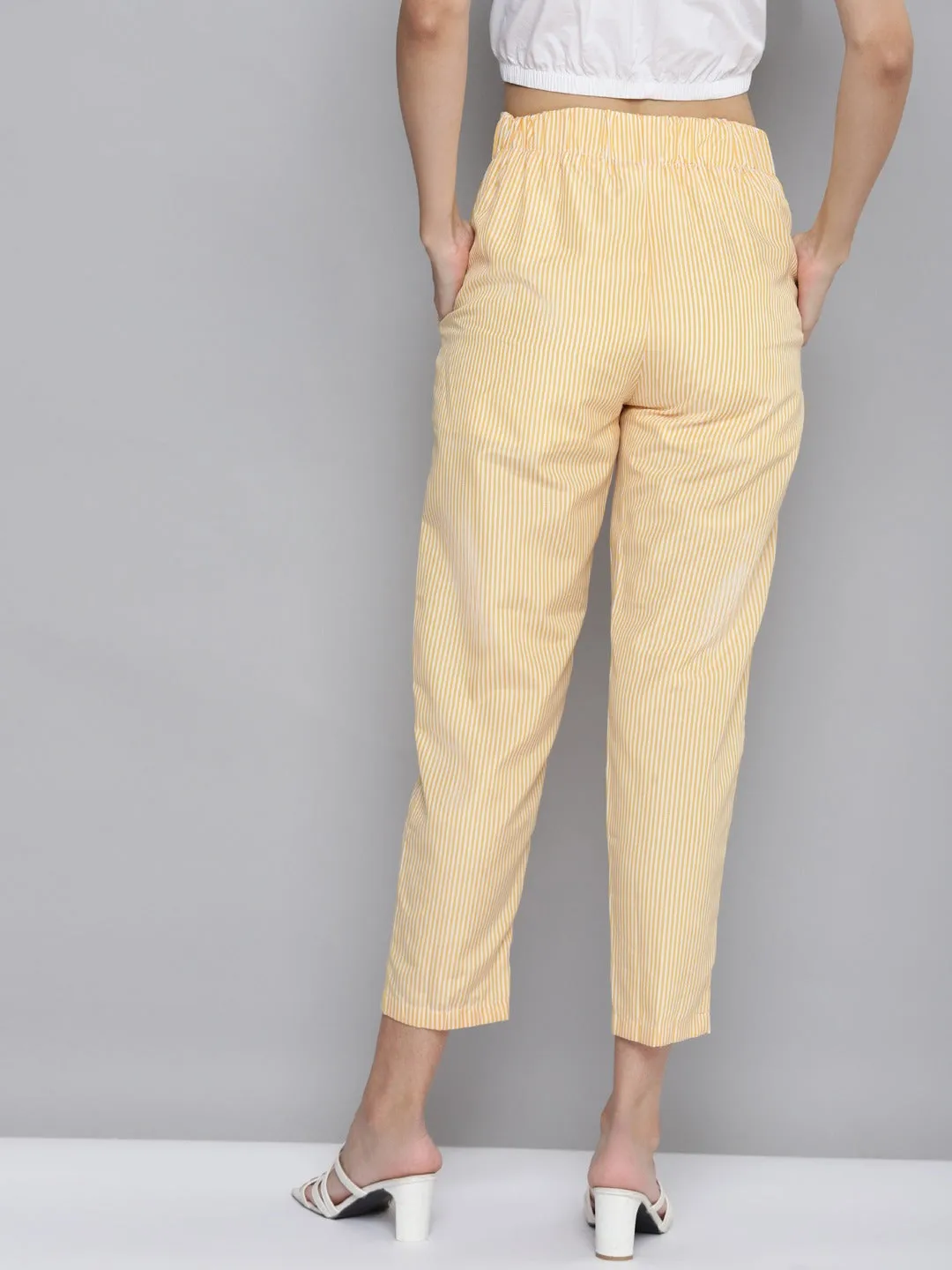 Women Yellow Stripes Tapered Pants