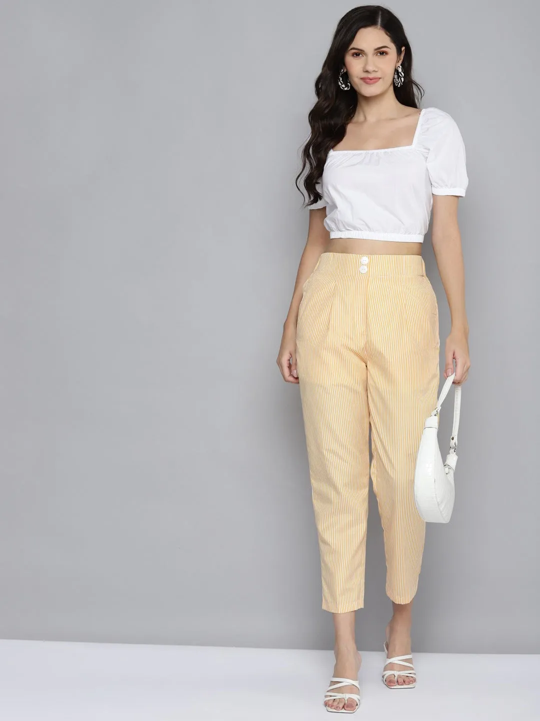 Women Yellow Stripes Tapered Pants