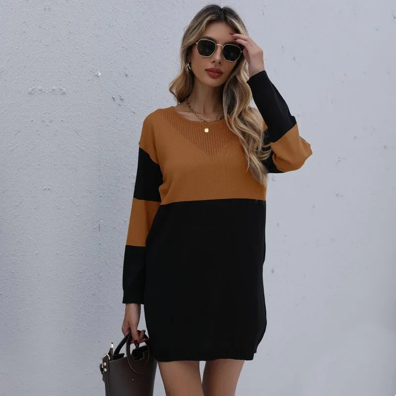 Women's Fashionable Round Neck Sweater Dress with Color Block