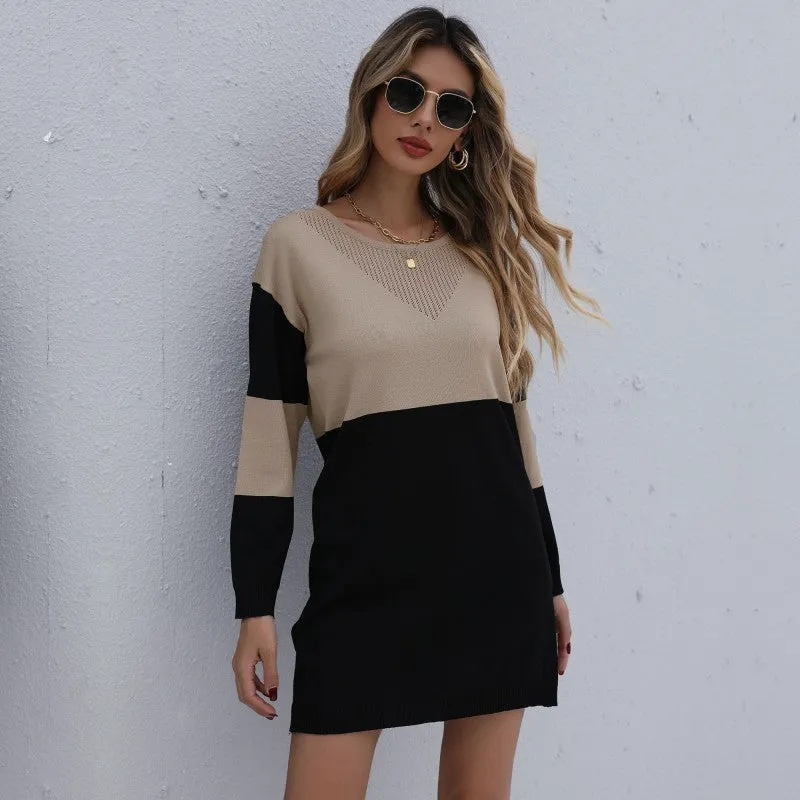 Women's Fashionable Round Neck Sweater Dress with Color Block