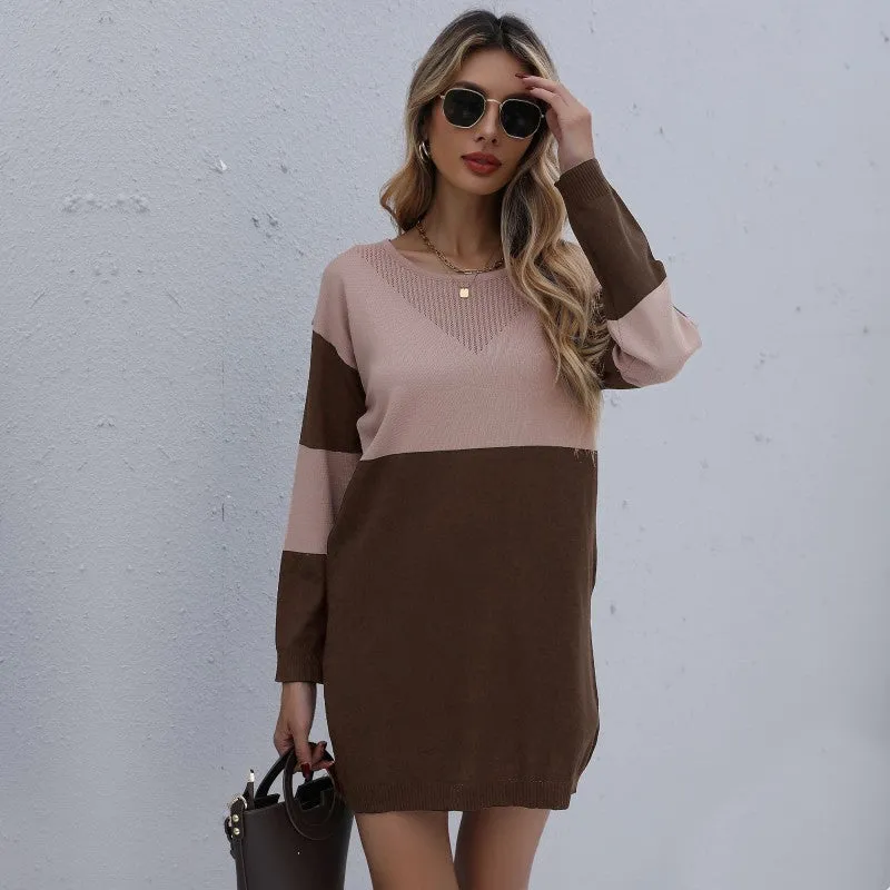 Women's Fashionable Round Neck Sweater Dress with Color Block