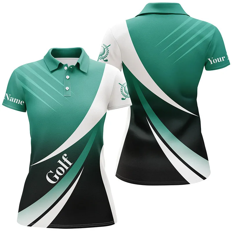 Womens Golf Polo Shirts Custom Name Green And White Golf Shirt, Tournament Golf Tops For Golf Lovers