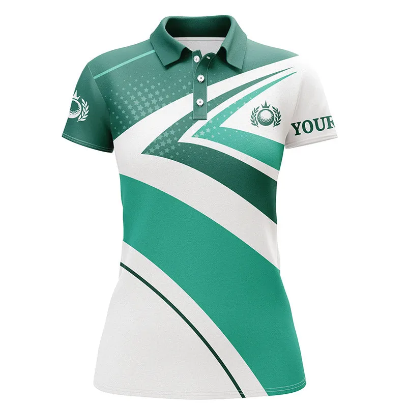 Womens Golf Polo Shirts Custom Name Green And White Golf Shirt, Tournament Golf Tops For Golf Lovers