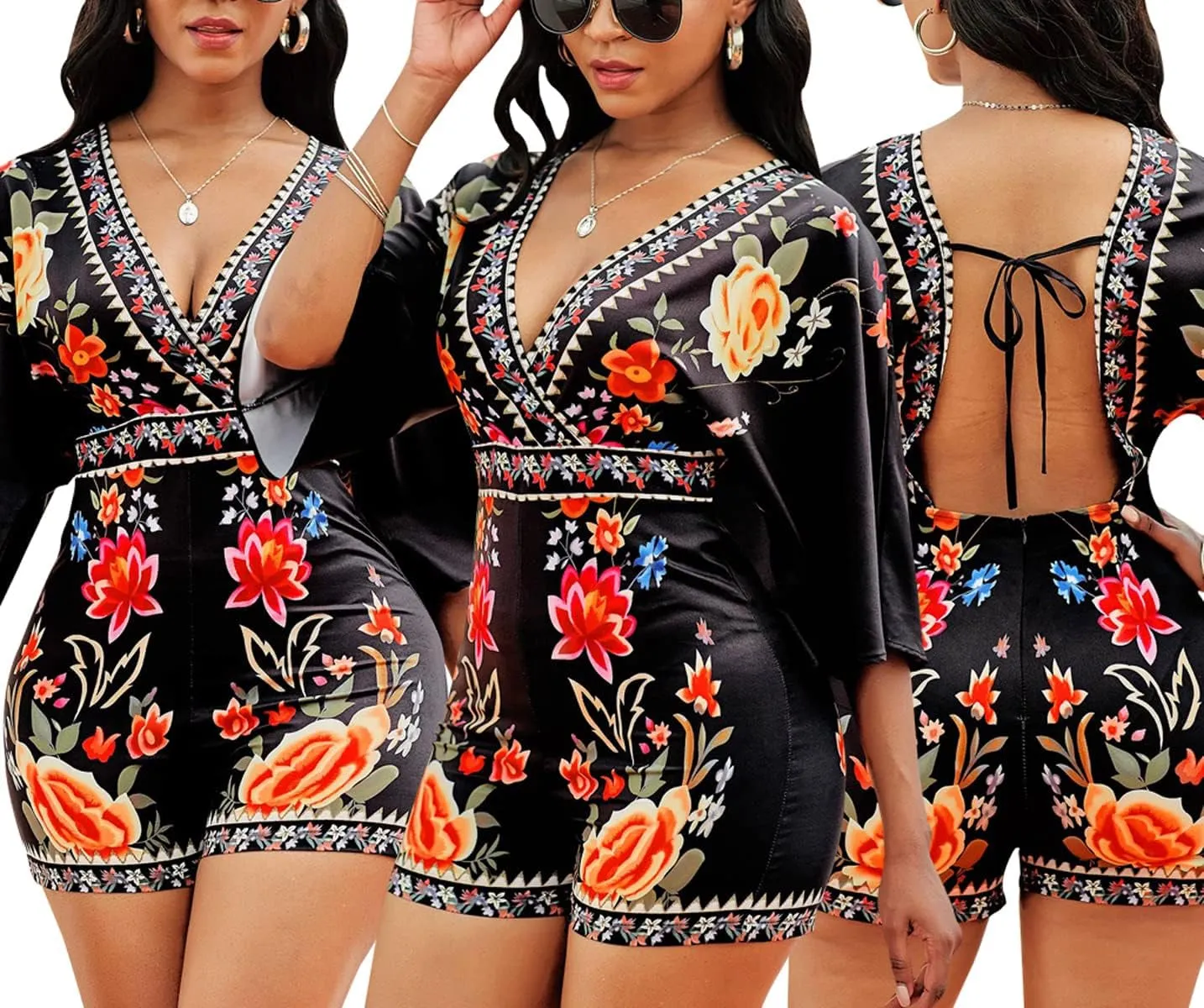 Women'S Sexy Short Rompers V Neck Backless Jumpsuit Floral Print Loose Half Sleeve Bodysuit One Piece Outfit